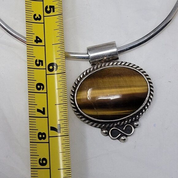 Signed 925 Artisan Tigers Eye Oval Pendant Silver Torque Choker Necklace Ornate‎ - Picture 11 of 15